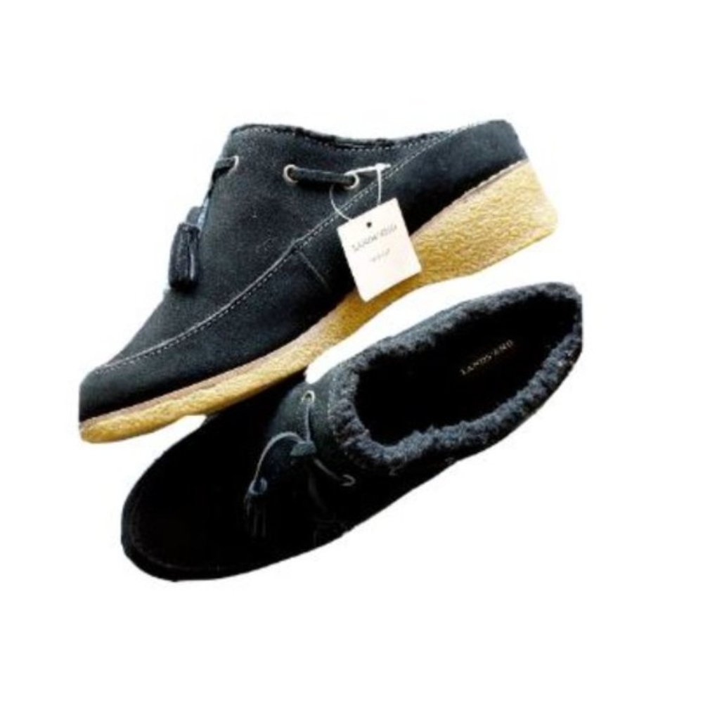 Lands’ End Chalet Suede Sherpa Lined Rubber Sole Tassel Mule Black, 9.5